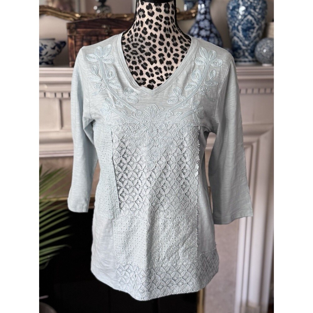 Appleseeds Pastel Blue Soutache Eyelet Popover Tunic Top 3/4 Sleeve Sz M Boho